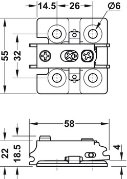Scharniere - Montageplatte für Möbel | Schraubenabstand: 32 mm | Farbe: vernickelt