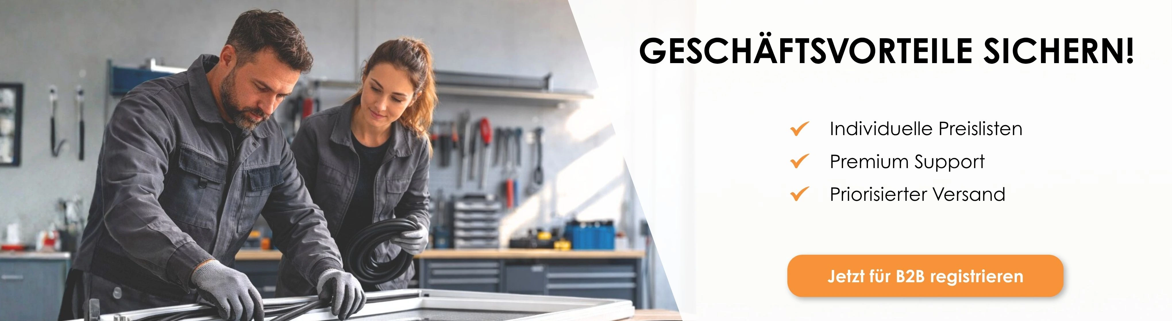 Geschäftskunden arbeiten an einem Fensterrahmen – Graf-Dichtungen bietet B2B-Vorteile wie individuelle Preislisten, Premium Support und priorisierten Versand.