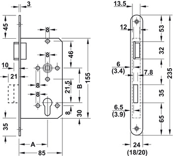 Mechanische Schließung - Einsteckschloss für Drehtüren Profilzylinder | Dornmaß: 55 mm | Ausführung: DIN Links