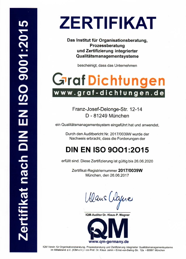 ISO 9001 2015  Zertifikat für Graf Dichtungen