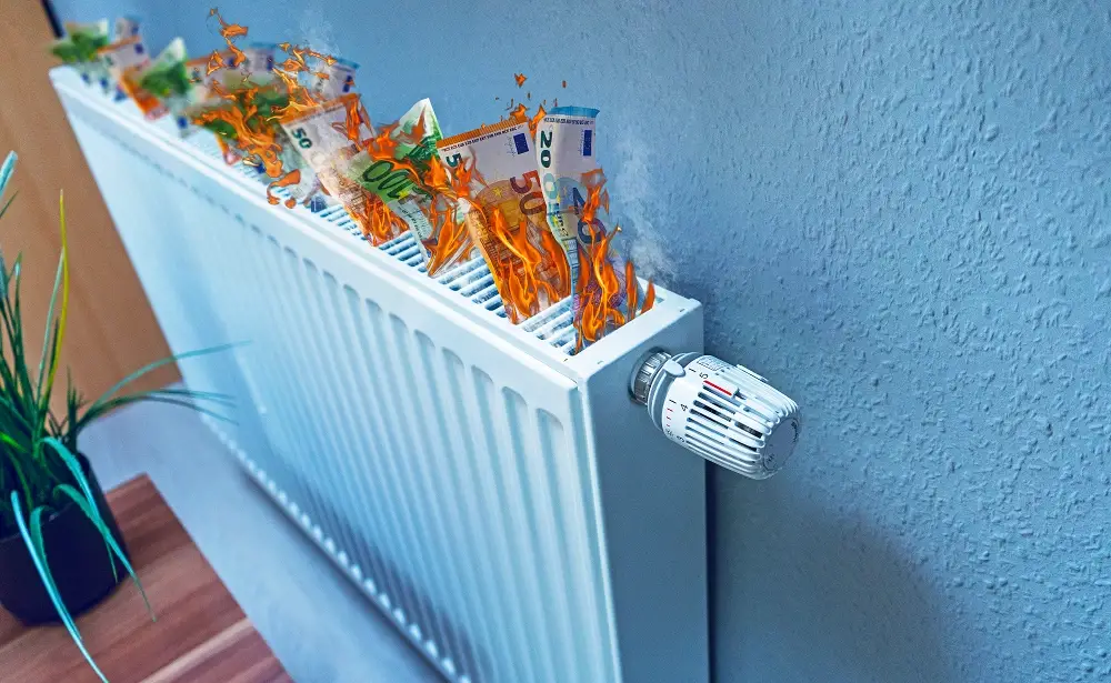 Heizung-verbrennt-Geld brennende Geldscheine auf der Heizung