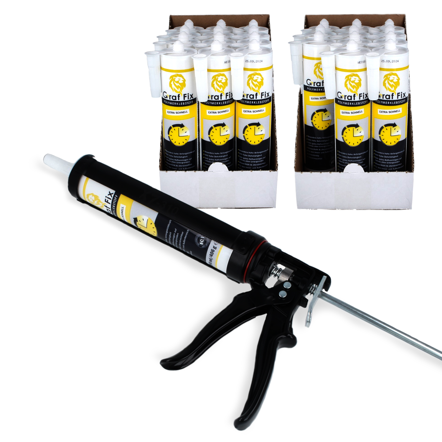 Graf-Fix Bundle | 24x Polymerklebstoff + Kartuschenpresse | Farbe: weiß Graf-Fix Bundle | 24x Polymerklebstoff + Kartuschenpresse | Farbe: weiß