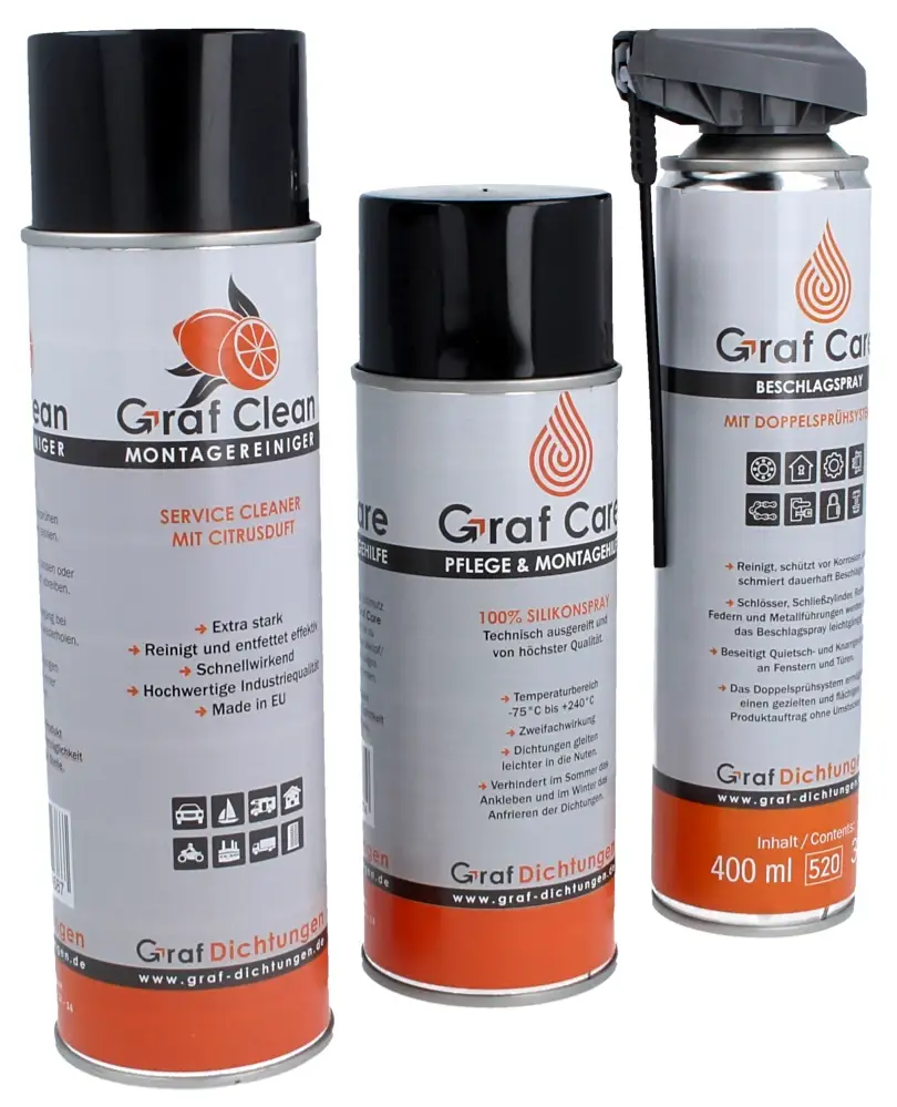 Nebeneinanderreihung vom Graf Montagereiniger, Graf Beschlagspray und Graf Silikonspray
