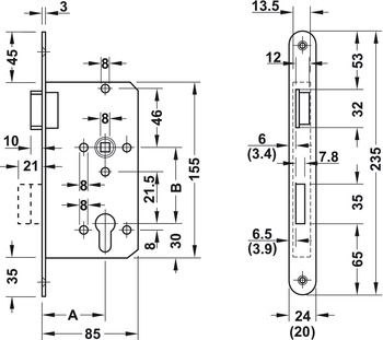 Mechanische Schließung - Einsteckschloss für Drehtüren Profilzylinder | Dornmaß: 55 mm | Ausführung: DIN Links