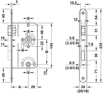 Mechanische Schließung - Einsteckschloss für Drehtüren Bad/WC | Dornmaß: 55 mm | Ausführung: DIN Rechts