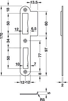 Lappenschließblech für ungefälzte Türen | Maße: 170 x 24 mm | Ausführung: DIN Links