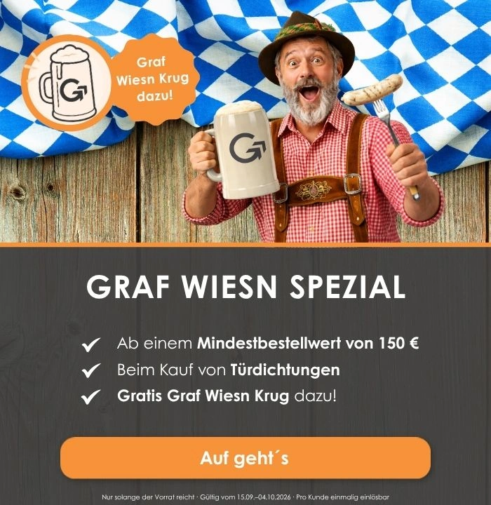 Graf-Dichtungen Wiesn-Aktion mit gratis Bierkrug beim Kauf von Türdichtungen ab 150 €