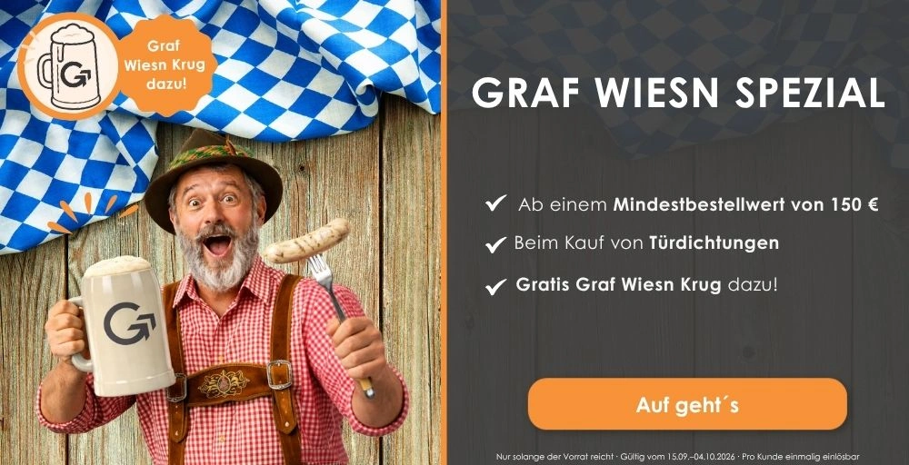 Graf-Dichtungen Wiesn-Aktion mit gratis Bierkrug beim Kauf von Türdichtungen ab 150 €