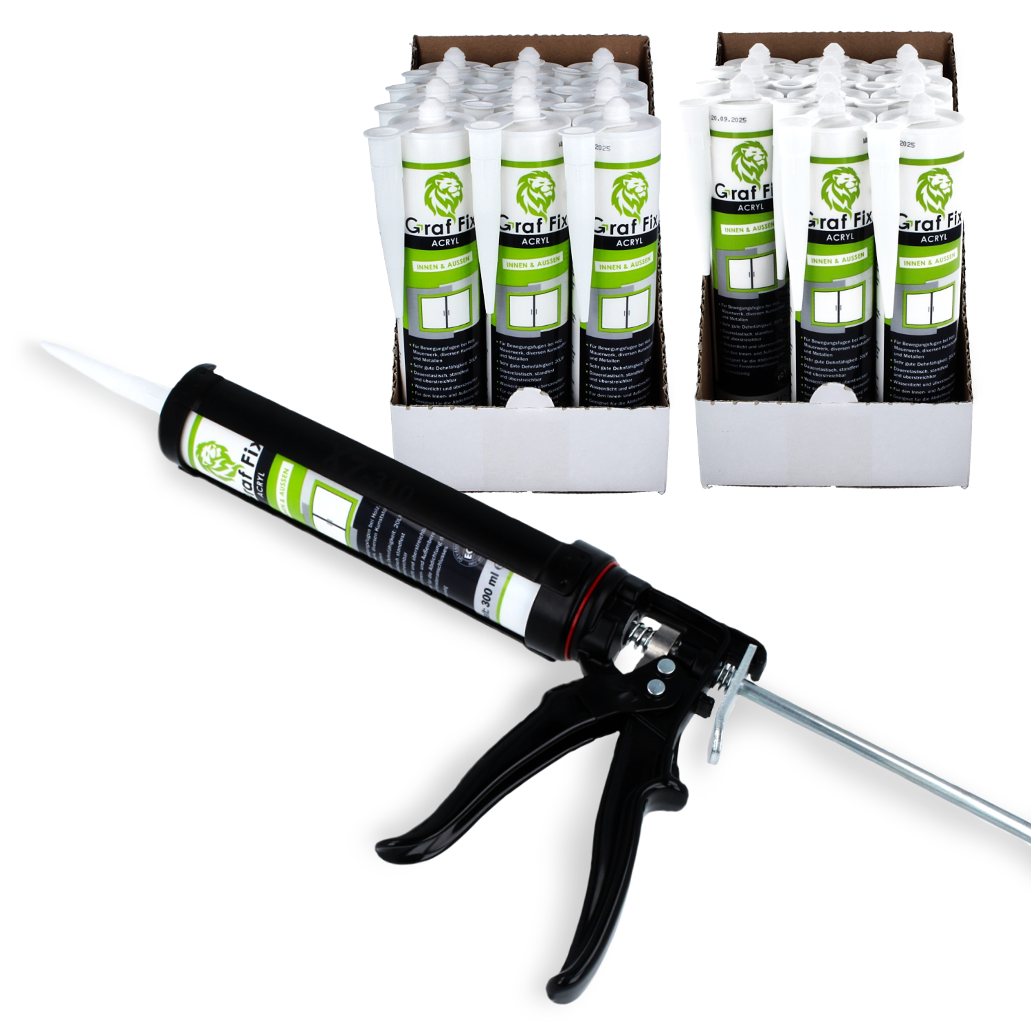 Graf-Fix Bundle | 24x Acryl + Kartuschenpresse | Farbe: weiß Graf-Fix Bundle | 24x Acryl + Kartuschenpresse | Farbe: weiß