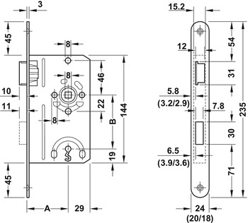Mechanische Schließung - Einsteckschloss für Drehtüren Buntbart | Dornmaß: 55 mm | Ausführung: DIN Links
