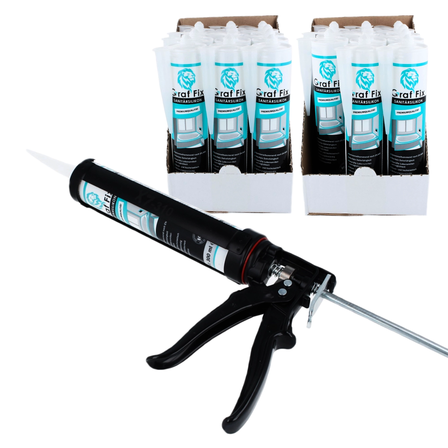 Graf-Fix Bundle | 24x Sanitärsilikon + Kartuschenpresse | Farbe: manhattan