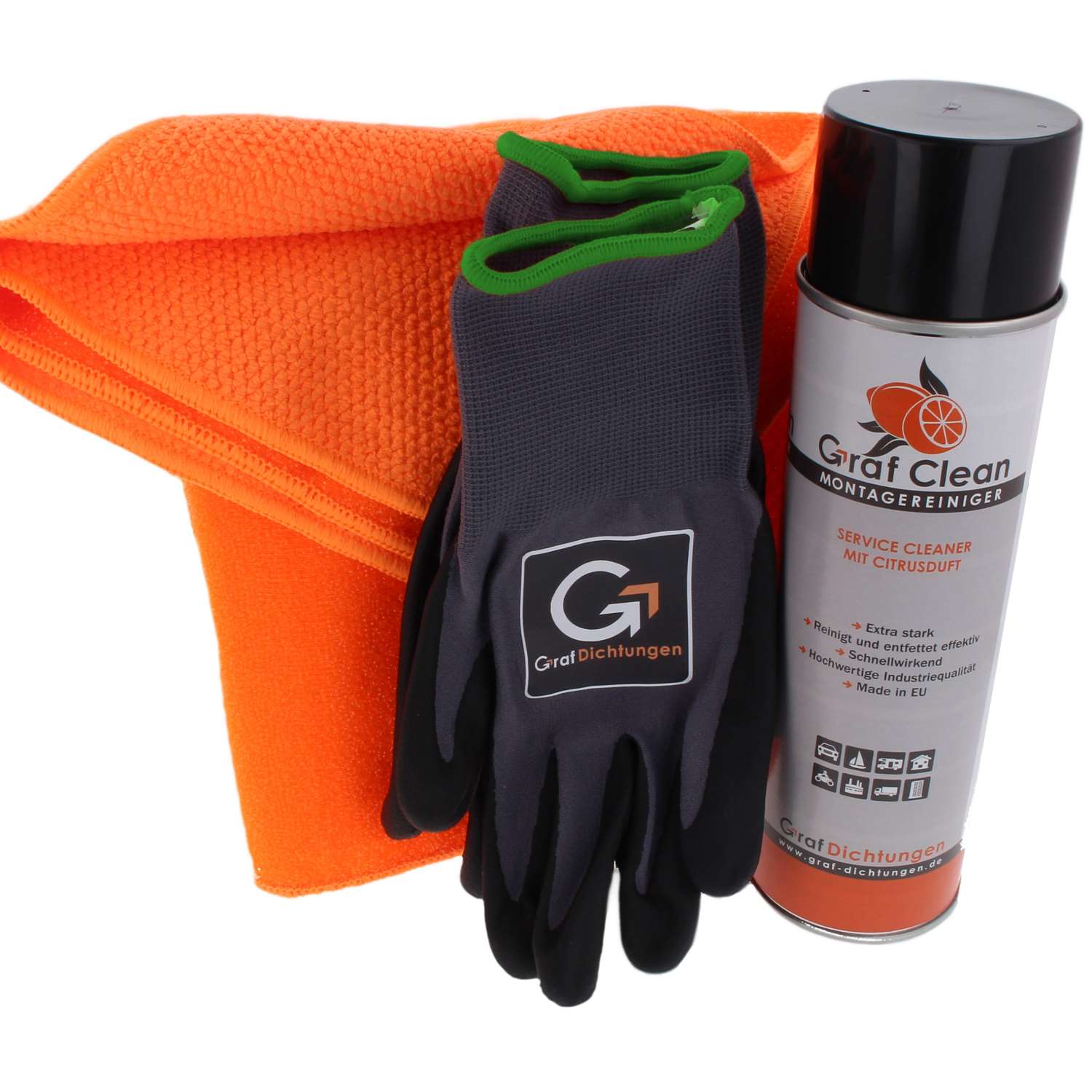 Profi-Reinigungsset Graf Dichtungen Handschuhe, Fasertuch und Montagereiniger