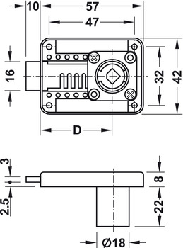 Schließsysteme - Aufschraub-Riegelschloss von Häfele Symo | Zylindergehäuselänge: 22 mm