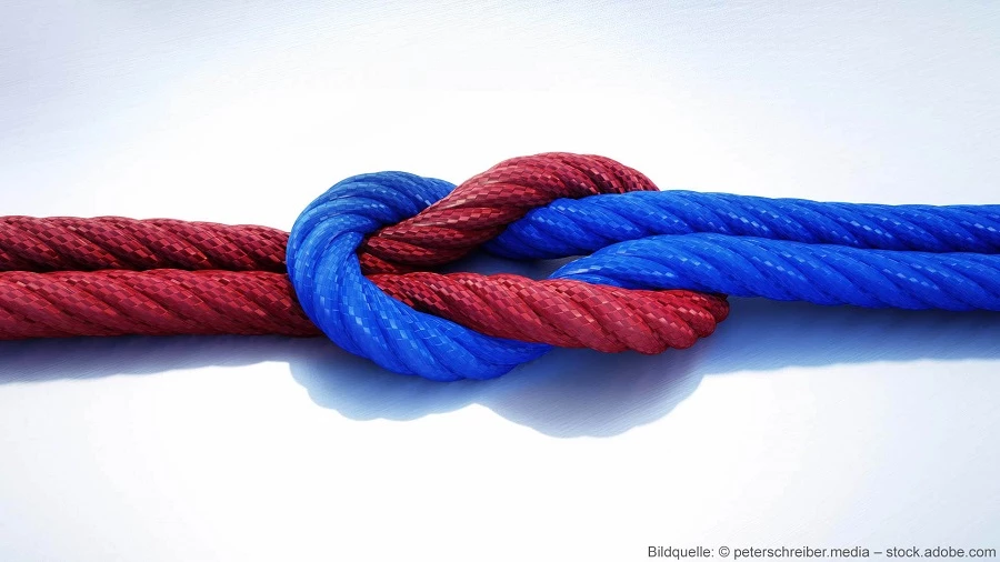 Zwei miteinander verbundene Knoten in den Farben rot und blau