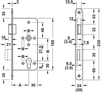 Mechanische Schließung - Einsteckschloss für Drehtüren Profilzylinder | Dornmaß: 60 mm | Ausführung: DIN Links