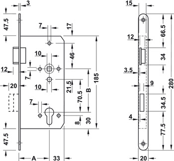 Mechanische Schließung - Einsteckschloss für Drehtüren Profilzylinder | Dornmaß: 65 mm | Ausführung: DIN Rechts