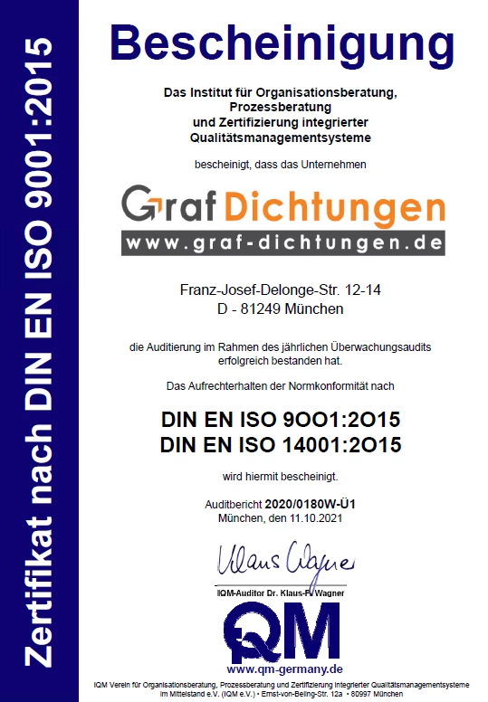 ISO 9001 und 14001 2015  Bescheinigung für Graf Dichtungen
