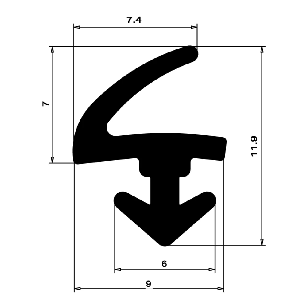 Anschlagdichtung mit Lippe und profiliertem Fuß | 9 mm Breite | Farbe: schwarz