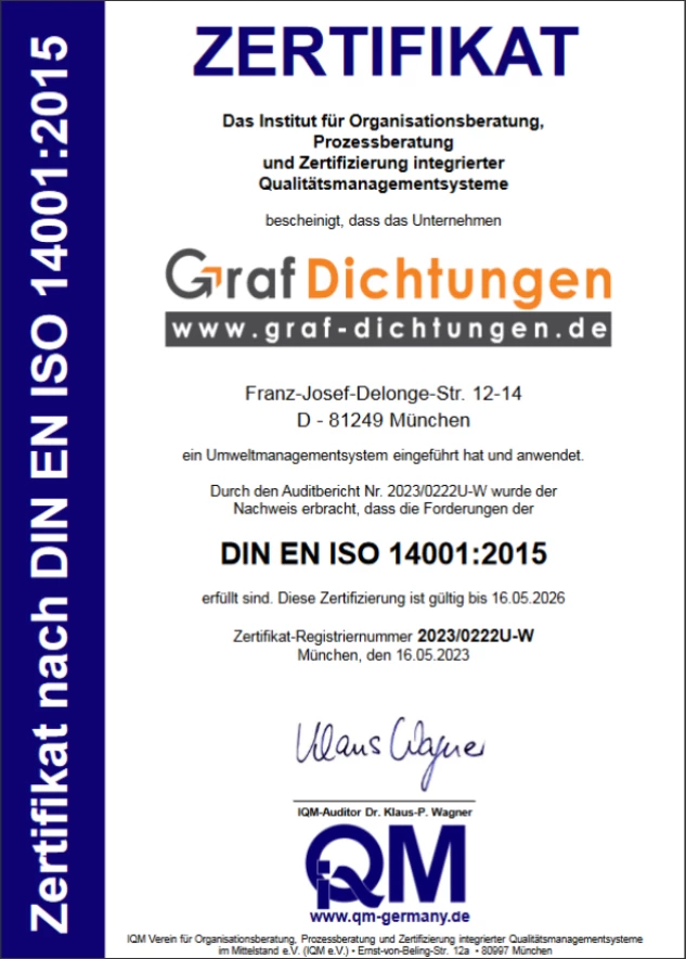 ISO 14001 2015  Zertifikat für Graf Dichtungen