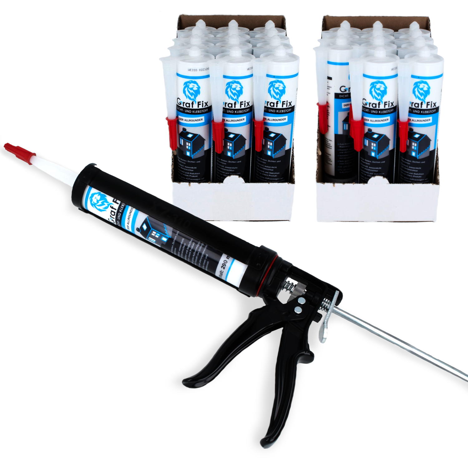 Graf-Fix Bundle | 24x Dicht- und Klebstoff + Kartuschenpresse | Farbe: schwarz Graf-Fix Bundle | 24x Dicht- und Klebstoff + Kartuschenpresse | Farbe: schwarz