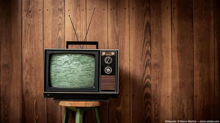 Alter Fernseher vor Holzwand