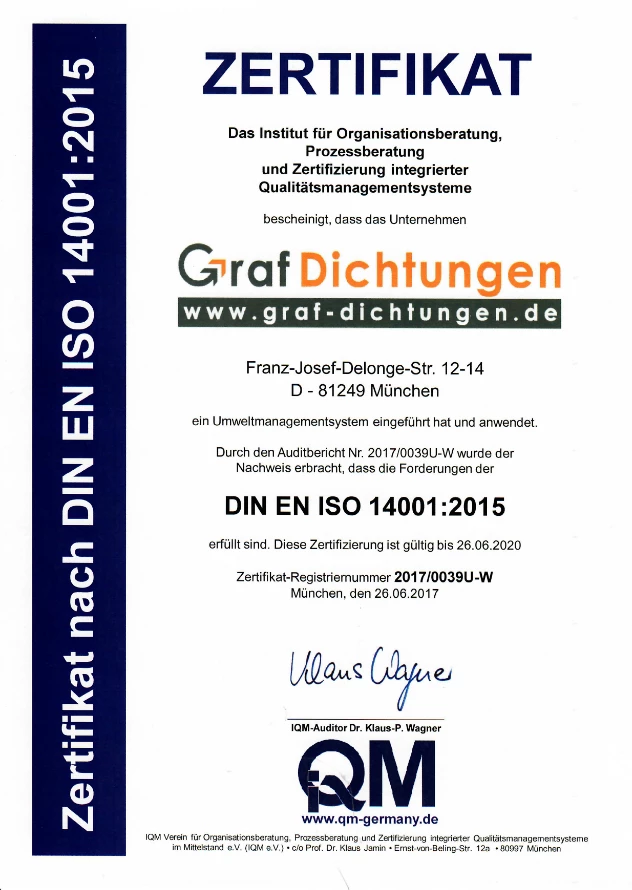 ISO 14001 2015  Zertifikat für Graf Dichtungen
