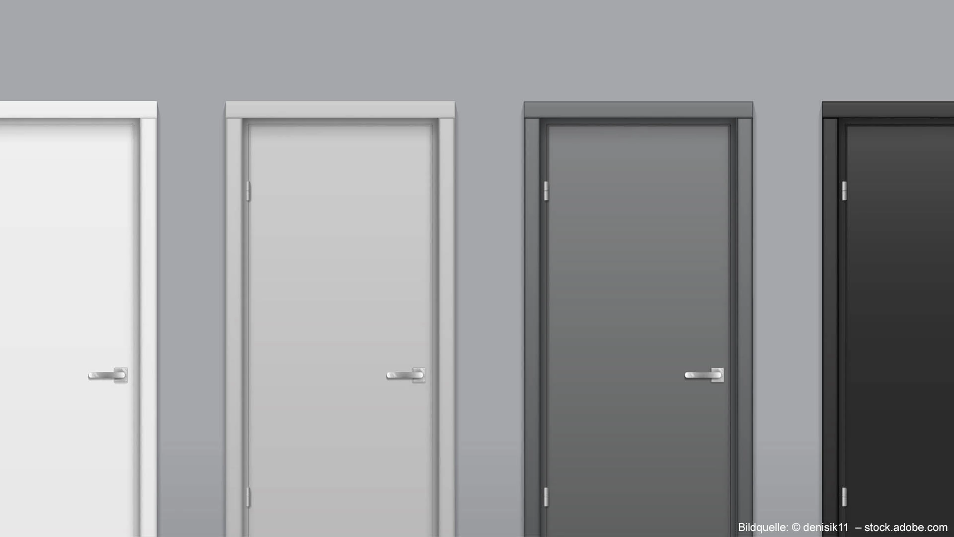 Mehrere Türen nebeneinander in den Farben von weiß bis schwarz