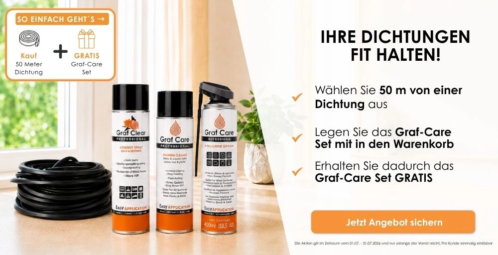 Aktion: 50 m Dichtung kaufen und Graf-Care Pflegeset gratis erhalten.