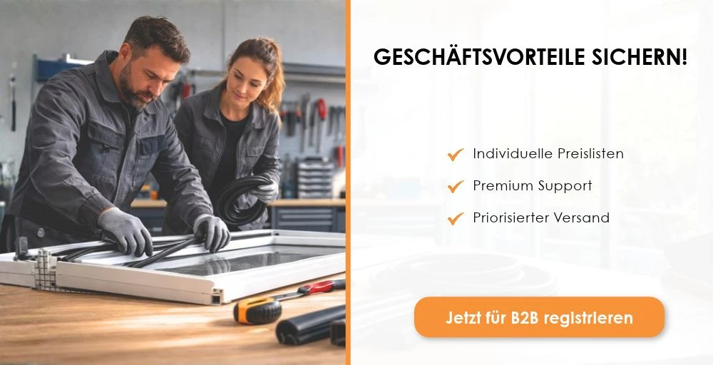 Geschäftskunden arbeiten an einem Fensterrahmen – Graf-Dichtungen bietet B2B-Vorteile wie individuelle Preislisten, Premium Support und priorisierten Versand.